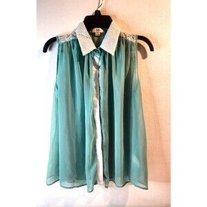 Womens Issi Sleeveless Sheer Blouse size M Button Down color mint green-withe